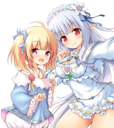 Rule 34 | 2girls, :d, ahoge, blonde hair, bloomers, blue bow, blue dress, blue hair, blue ribbon, blush, bow, breasts, cleavage, closed mouth, collarbone, commentary request, copyright request, dress, elf, fingernails, flower, frilled sleeves, frills, hair between eyes, hair bow, hair flower, hair ornament, hair ribbon, hand up, hands up, highres, jewelry, large breasts, long hair, long sleeves, multiple girls, off-shoulder dress, off shoulder, open mouth, pendant, pointy ears, purple eyes, reaching, reaching towards viewer, red eyes, red flower, red rose, ribbon, rose, selfie, sidelocks, simple background, smile, twintails, underwear, very long hair, white background, white bloomers, white dress, white flower, wide sleeves, yuu (yumezakura)