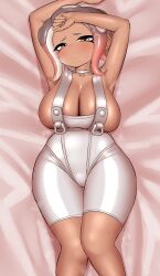 Rule 34 | 1girl, agent 8 (splatoon), arm above head, armpits, bed sheet, bodysuit, breasts, choker, cleavage, collarbone, dark-skinned female, dark skin, feet out of frame, female focus, from above, gradient hair, grey eyes, grey hair, half-closed eyes, highres, large breasts, legs together, looking at viewer, lying, medium hair, multicolored hair, nintendo, octoling, octoling girl, octoling player character, on back, pero (pero7762), pink hair, shiny clothes, sleeveless, sleeveless bodysuit, solo, splatoon (series), splatoon 3, splatoon 3: side order, steaming body, suction cups, sweat, tentacle hair, thighs, two-tone hair, white bodysuit