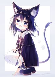 Rule 34 | 1girl, :d, animal ear fluff, animal ears, black hair, blue eyes, boots, capelet, cat ears, cat girl, cat tail, collar, cross-laced footwear, fang, from side, full body, grey background, hair tubes, highres, lace-up boots, open mouth, original, outside border, paw print, paw print background, platform boots, platform footwear, satou (3366 s), short hair, simple background, smile, solo, squatting, tail, thighhighs, two-tone background, white background, white thighhighs