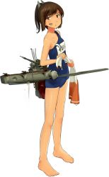 Rule 34 | 10s, 1girl, :&lt;, aircraft, airplane, bare legs, barefoot, brown eyes, brown hair, dirty, dirty face, feet, full body, hair ornament, holding, holding clothes, i-401 (kancolle), kantai collection, name tag, official art, old school swimsuit, one-piece swimsuit, school swimsuit, school uniform, serafuku, shibafu (glock23), short hair, short ponytail, sleeveless, solo, swimsuit, tan, torn clothes, torn swimsuit, transparent background