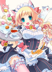 Rule 34 | 1girl, :d, animal ears, aqua eyes, bell, blonde hair, blush, cat, cat ears, cat tail, choker, coffee, fang, food, hisana, jingle bell, long hair, looking at viewer, maid, maid headdress, moe2015, neck bell, no nose, open mouth, original, petticoat, pink thighhighs, ribbon choker, smile, solo, sugar cube, sweets, tail, tail bell, tail ornament, thighhighs, tray, wavy hair, wristband