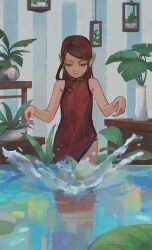 Rule 34 | 1girl, bare arms, bare shoulders, china dress, chinese clothes, dress, expressionless, flat chest, lily pad, looking down, original, partially submerged, pointy ears, ririn (alethyne), side slit, solo, standing, swept bangs, water