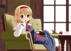 Rule 34 | 1girl, alice margatroid, black eyes, blonde hair, blue dress, blush, book, bookshelf, boots, capelet, couch, cross-laced footwear, cup, curtains, dress, drooling, female focus, green upholstery, hairband, haruna mao, lace-up boots, looking at viewer, lying, md5 mismatch, solo, table, teacup, touhou