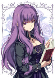 Rule 34 | 1girl, alternate costume, black bow, black dress, blunt bangs, book, bow, breasts, cleavage, commentary request, dress, hair bow, highres, holding, holding book, large breasts, long hair, looking at viewer, monety, no headwear, patchouli knowledge, purple eyes, purple hair, solo, touhou, upper body