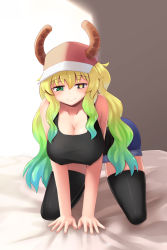 Rule 34 | 10s, 1girl, all fours, baseball cap, bed sheet, black eyes, black thighhighs, blonde hair, blush, breasts, cleavage, covered erect nipples, cowfee, dragon girl, dragon horns, full body, gradient hair, green eyes, green hair, hanging breasts, hat, heterochromia, highres, horns, indoors, kobayashi-san chi no maidragon, large breasts, long hair, looking at viewer, lucoa (maidragon), multicolored hair, short shorts, shorts, smile, solo, tank top, thighhighs, yellow pupils