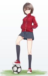 Rule 34 | 1girl, absurdres, ashiya hiro, ball, black socks, blush, breasts, brown hair, commentary request, converse, full body, gradient background, grey background, grey skirt, hair between eyes, hands in pockets, highres, jacket, kneehighs, long sleeves, original, parted lips, pleated skirt, red eyes, red footwear, red jacket, shoes, short hair, skirt, small breasts, sneakers, soccer, soccer ball, socks, solo, standing, standing on one leg, track jacket, track suit, white background