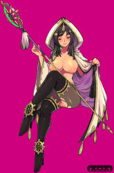 Rule 34 | 1girl, aya gozen, black eyes, black hair, boots, breasts, censored, eroe, female focus, high heels, hood, large breasts, long hair, nipples, open clothes, open robe, pantyhose, polearm, pussy, robe, see-through, sengoku musou, sengoku musou 3, shoes, solo, staff, thighhighs, torn clothes, weapon