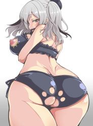 Rule 34 | 10s, 1girl, alternate costume, ass, ass cutout, bare shoulders, beret, blue eyes, blush, breast hold, breasts, butt crack, cat cutout, cat lingerie, cleavage cutout, clothing cutout, cowboy shot, foreshortening, from below, gradient background, hat, kantai collection, kashima (kancolle), large breasts, looking at viewer, looking back, meme attire, nipple cutout, nipples, oohira sansetto, oohira sunset, panties, paw cutout, short hair, side-tie panties, silver hair, simple background, solo, underwear, wavy hair