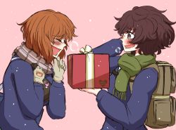 Rule 34 | 2girls, akiyama yukari, backpack, bag, blue jacket, blush, boko (girls und panzer), box, breath, brown eyes, brown hair, closed eyes, commentary request, fringe trim, from side, gift, gift box, girls und panzer, giving, gloves, green scarf, grey gloves, grey scarf, hand in own hair, happy valentine, heart, highres, holding, holding gift, jacket, laughing, long sleeves, looking at another, messy hair, multiple girls, nishizumi miho, noumen, ooarai school uniform, open mouth, pink background, scarf, school uniform, short hair, smile, sweatdrop, valentine, winter uniform, yuri