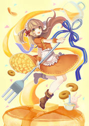 Rule 34 | 1girl, :d, boots, brown eyes, brown footwear, brown hair, brown skirt, butter, circle skirt, doughnut, artistic error, food, food-themed clothes, fork, full body, long hair, mixing bowl, morinaga (brand), open mouth, original, oversized object, pancake, personification, pitcher (container), rabbit, skirt, smile, standing, sunsnny, syrup, whisk
