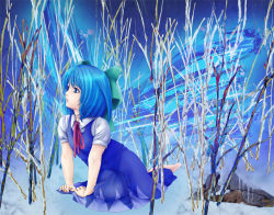 Rule 34 | 1girl, bad id, bad pixiv id, blue eyes, blue hair, cirno, dress, female focus, hagetaka, matching hair/eyes, nature, outdoors, perfect cherry blossom, plant, shoot the bullet, short hair, snow, solo, touhou, tree, wings