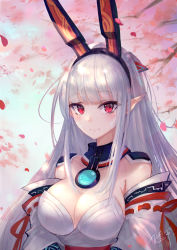 Rule 34 | 1girl, absurdres, aura kingdom, bare shoulders, blush, breasts, cherry blossoms, cleavage, closed mouth, day, highres, large breasts, long hair, looking at viewer, nontraditional miko, outdoors, petals, pointy ears, red eyes, ribbon-trimmed sleeves, ribbon trim, smile, solo, tamamo no mae (aura kingdom), tsurime, upper body, white hair, xing