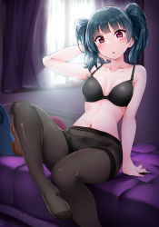 Rule 34 | 1girl, arm behind head, arm support, bare arms, bare shoulders, black bra, blue hair, blush, bra, breasts, breasts apart, brown pantyhose, collarbone, curtains, hand up, head tilt, highres, indoors, looking at viewer, love live!, love live! sunshine!!, medium breasts, medium hair, navel, on bed, pantyhose, parted lips, pink eyes, sitting, solo, stuffed toy, thighband pantyhose, tsushima yoshiko, twintails, underwear, yopparai oni