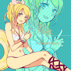 Rule 34 | 10s, 1girl, :d, ankle lace-up, ayase eli, between breasts, bikini, birthday, blonde hair, blue eyes, bracelet, breasts, character name, cross-laced footwear, earrings, halterneck, happy birthday, innertube, jewelry, long hair, love live!, love live! school idol festival, love live! school idol project, nail polish, navel, open mouth, ponytail, sekihara umina, sitting, smile, solo, swim ring, swimsuit, twitter username, zoom layer
