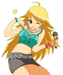 Rule 34 | 00s, 1girl, ahoge, belt, blonde hair, bracelet, breasts, buckle, camisole, holding, hoshii miki, idolmaster, idolmaster (classic), idolmaster 1, jewelry, large breasts, looking at viewer, maro nie, microphone, simple background, solo, star (symbol), sweatband, white background