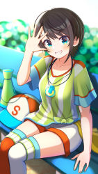 Rule 34 | 1girl, absurdres, aqua eyes, asymmetrical legwear, banana de ikopon, baseball cap, blush, brown hair, grin, hat, highres, hololive, looking at viewer, loose clothes, loose shirt, megaphone, mismatched legwear, on bench, oozora subaru, oozora subaru (1st costume), oversized clothes, oversized shirt, red thighhighs, shirt, short hair, shorts, sitting, smile, solo, stopwatch, striped clothes, striped shirt, swept bangs, t-shirt, thighhighs, unworn hat, unworn headwear, vertical-striped clothes, vertical-striped shirt, virtual youtuber, watch, wavy hair, whistle, white hat, white shirt, white shorts, white thighhighs, yellow shirt