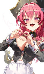 1girl 4-finger_heart_hands absurdres apron bicorne black_corset black_hat black_sleeves blush breasts cleavage corset detached_sleeves earrings fang frilled_apron frills goddess_of_victory:_nikke hair_between_eyes hair_intakes hair_ornament hallo_(rltkdydrltk) hat heart heart_earrings heart_hands heart_in_eye highres jewelry large_breasts long_hair looking_at_viewer maid_apron mast_(nikke) mast_(romantic_maid)_(nikke) navel official_alternate_costume open_mouth pink_eyes pink_hair pirate_hat simple_background skin_fang skull_hair_ornament smile solo symbol_in_eye upper_body waist_apron white_background