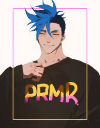 Rule 34 | 1boy, absurdres, black sweater, blue eyes, blue hair, border, closed eyes, collar tug, copyright name, galo thymos, highres, male focus, mohawk, pink border, print shirt, promare, shirt, simple background, smile, so-rann, solo, spiked hair, sweater, upper body, white background, yellow border