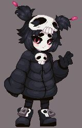 Rule 34 | 1girl, black hair, blush, boots, colored skin, deadslug-chan, grey background, hair ornament, jacket, looking at viewer, minimilieu, original, oversized clothes, oversized zipper, pink eyes, pixel art, short eyebrows, short twintails, simple background, skull, skull hair ornament, solo, thick eyebrows, twintails, waving, white skin
