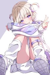 Rule 34 | 1girl, absurdres, blonde hair, blush, crossed arms, full body, hair ornament, hairclip, highres, hololive, hololive dev is, jacket, kneehighs, knees up, legwear garter, long sleeves, looking at viewer, parted lips, purple eyes, purple jacket, shoes, shorts, simple background, sitting, sleeves past fingers, sleeves past wrists, smile, sneakers, socks, solo, t4n4k4 no yosei, todoroki hajime, two side up, virtual youtuber, w, white background, white leg warmers, white shorts