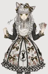 Rule 34 | 1girl, absurdres, bad id, bad pixiv id, blunt bangs, bow, card, commentary request, cone hair bun, dress, green eyes, hair bow, hair bun, highres, holding, holding card, holding pocket watch, lolita fashion, long hair, long sleeves, looking at viewer, original, pantyhose, playing card, pocket watch, sayoko (sayosny2), solo, striped clothes, striped legwear, striped pantyhose, watch, white dress
