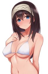 Rule 34 | 1girl, bare arms, bare shoulders, bikini, blue eyes, blush, breasts, brown hair, cleavage, closed mouth, collarbone, grey hairband, hair between eyes, hairband, hand on own chest, idolmaster, idolmaster cinderella girls, large breasts, long hair, looking at viewer, navel, sagisawa fumika, simple background, smile, solo, stomach, swimsuit, tomajiyama, upper body, white background, white bikini