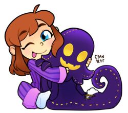 Rule 34 | 1girl, ;), a hat in time, ahoge, alternate costume, artist name, blue eyes, blush, brown hair, child, closed mouth, full body, hat kid, hugging doll, hugging object, jenna brown, long hair, long sleeves, looking at viewer, no headwear, official art, one eye closed, pajamas, pants, purple pants, purple shirt, shirt, sidelocks, simple background, sitting, smile, snatcher (a hat in time), socks, solo, stitches, striped clothes, striped pants, striped shirt, stuffed toy, stuffing, tongue, tongue out, white background, white socks