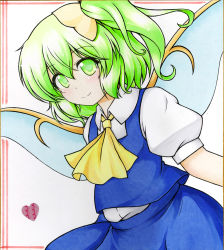 Rule 34 | 1girl, aka tawashi, ascot, blue skirt, blue vest, blush, bow, colored pencil (medium), commentary request, daiyousei, eyelashes, fairy wings, green eyes, green hair, hair bow, heart, leaning forward, looking at viewer, puffy short sleeves, puffy sleeves, short hair, short sleeves, side ponytail, simple background, skirt, skirt set, smile, touhou, traditional media, vest, white background, wings
