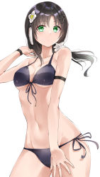 Rule 34 | 1girl, absurdres, arm strap, assault lily, bare shoulders, bikini, black bikini, black hair, breasts, cleavage, closed mouth, collarbone, cowboy shot, fingernails, floating hair, flower, flower knot, front-tie bikini top, front-tie top, green eyes, groin, hair flip, hair flower, hair ornament, hair scrunchie, halterneck, hand on own thigh, hand up, highres, long hair, looking at viewer, low ponytail, medium breasts, meen (ouaughikepdvrsf), navel, scrunchie, side-tie bikini bottom, side ponytail, simple background, solo, standing, stomach, string bikini, swimsuit, tassel, tassel hair ornament, underboob, wang yujia, white background, white flower, white scrunchie, wristband