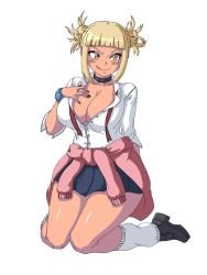 Rule 34 | 1girl, alternate costume, black choker, blonde hair, blue skirt, blunt bangs, boku no hero academia, breasts, brups tv, choker, cleavage, clothes around waist, collared shirt, commission, double bun, gyaru, hair bun, hand on own chest, highres, kneeling, large breasts, loose socks, nail polish, open clothes, open shirt, pink sweater, red nails, scrunchie, shirt, short bangs, sidelocks, skirt, socks, solo, sweater, sweater around waist, tan, toga himiko, tongue, tongue out, tube socks, v-shaped eyebrows, white background