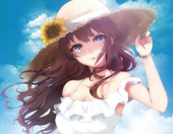 Rule 34 | 1girl, adjusting clothes, adjusting headwear, bare shoulders, blouse, blue eyes, blue sky, blush, breasts, brown hair, cleavage, cloud, collarbone, day, dya, earrings, floating hair, flower, hat, hat flower, highres, ichinose shiki, idolmaster, idolmaster cinderella girls, jewelry, long hair, looking at viewer, medium breasts, off-shoulder blouse, open mouth, outdoors, ribbon, ryuu., shirt, sidelocks, sky, smile, solo, straw hat, sunflower, wavy hair, white ribbon, white shirt, wind, wrist ribbon