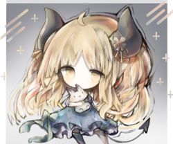 Rule 34 | 1girl, ahoge, bad id, bad pixiv id, black thighhighs, blonde hair, blue dress, blush, chibi, commentary request, cottontailtokki, covered mouth, demon girl, demon horns, demon tail, dress, gremory (shadowverse), horns, long hair, looking away, hugging object, parted bangs, shadowverse, short sleeves, solo, standing, stuffed animal, stuffed rabbit, stuffed toy, tail, thighhighs, very long hair, yellow eyes