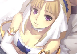 Rule 34 | 00s, 1boy, 1girl, ar tonelico, ar tonelico ii, blonde hair, blush, breasts, chroah vatel, chroche latel pastalie, cleavage, elbow gloves, from above, game cg, gloves, gust, hair ornament, hetero, hug, nagi ryou, official art, purple eyes, smile