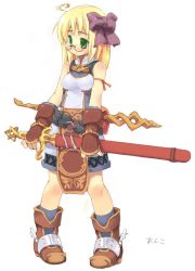 Rule 34 | 1girl, ahoge, amasa mitsunaru, belt, black belt, blonde hair, blush, boots, bow, breasts, brown footwear, closed mouth, commentary request, full body, glasses, green eyes, hair between eyes, hair bow, holding, holding sword, holding weapon, long hair, looking afar, medium breasts, pigeon-toed, purple bow, ragnarok online, ribbon, round eyewear, scabbard, sheath, shirt, shorts, simple background, sleeveless, sleeveless shirt, solo, super novice (ragnarok online), sword, translation request, weapon, white background, white shirt, white shorts