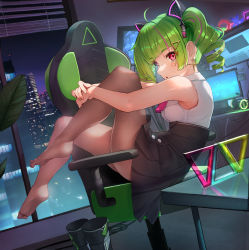 Rule 34 | 1girl, absurdres, black skirt, brown pantyhose, building, chair, city, cross, cross earrings, delruki, delutaya, drill hair, earrings, feet, green hair, hair ornament, hairclip, highres, indoors, jewelry, legs, looking at viewer, multicolored hair, night, night sky, no shoes, nose (oekaki1825), on chair, pantyhose, parted lips, red eyes, red hair, shirt, short hair, skirt, sky, sleeveless, sleeveless shirt, solo, toes, triangle hair ornament, twin drills, two-tone hair, virtual youtuber, white shirt