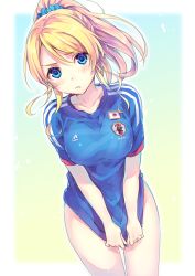 Rule 34 | 10s, 1girl, 2014 fifa world cup, :&lt;, adidas, ayase eli, bad id, bad pixiv id, blonde hair, blue eyes, blush, bottomless, breasts, covering privates, covering crotch, hair ornament, japan, japanese flag, long hair, looking at viewer, love live!, love live! school idol project, medium breasts, naked shirt, natsu natsuna, ponytail, scrunchie, shirt, shirt tug, soccer, soccer uniform, solo, sportswear, world cup