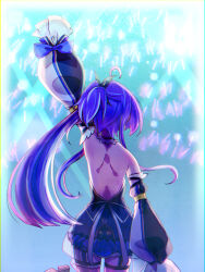 Rule 34 | 1girl, ahoge, arm up, audience, back, backless dress, backless outfit, black dress, black sleeves, bow, butterfly hair ornament, commentary request, cowboy shot, detached sleeves, dress, frilled dress, frills, from behind, glowstick, hair ornament, high ponytail, highres, hiyoku no crosspiece, long hair, multicolored sleeves, nanashi inc., penlight (glowstick), purple bow, purple hair, purple sleeves, qwq oekaki, shisui kiki, shisui kiki (1st costume), sidelocks, sleeve bow, sleeves past fingers, sleeves past wrists, solo, thigh strap, very long hair, virtual youtuber, white sleeves