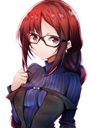 Rule 34 | 1girl, :&lt;, black-framed eyewear, black dress, blue dress, braid, braided ponytail, breasts, brown eyes, brown hair, closed mouth, commentary request, dress, ear piercing, earrings, fate/grand order, fate (series), glasses, hair between eyes, hand up, highres, jewelry, long hair, long sleeves, looking at viewer, low ponytail, medium breasts, nanakusa amane, piercing, ribbed dress, sidelocks, simple background, single braid, solo, strapless, strapless dress, upper body, white background, yu mei-ren (fate), yu mei-ren (first ascension) (fate)