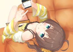 Rule 34 | 1girl, absurdres, bare legs, blue eyes, blush, breasts, brown hair, camisole, cellphone, cleavage, closed mouth, commentary, couch, full body, hair between eyes, highres, holding, holding phone, hololive, jacket, looking at viewer, lying, medium breasts, medium hair, midriff, natsuiro matsuri, natsuiro matsuri (matsuri&#039;s day off), navel, off-shoulder jacket, off shoulder, on back, orange shorts, phone, scrunchie, short shorts, shorts, side ponytail, simple background, smartphone, smile, solo, starkamisan, striped clothes, striped jacket, thighs, upside-down, virtual youtuber, white background, yellow camisole, yellow jacket