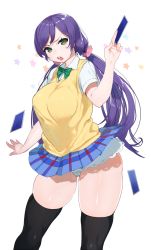 Rule 34 | 10s, 1girl, angry, bad id, bad pixiv id, black thighhighs, breasts, card, female focus, frills, green eyes, highres, large breasts, long hair, looking at viewer, love live!, love live! school idol project, open mouth, panties, plaid, plaid skirt, plump, purple hair, school uniform, simple background, skindentation, skirt, solo, star (symbol), sweater vest, thick thighs, thighhighs, thighs, tojo nozomi, twintails, underwear, white background, white panties, wide hips, yzh chan