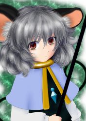 Rule 34 | 1girl, animal ears, capelet, close-up, dowsing rod, dress, frown, green background, grey hair, highres, jewelry, long sleeves, looking at viewer, morino hukurou, mouse ears, mouse tail, nazrin, pendant, red eyes, short hair, solo, tail, touhou, upper body