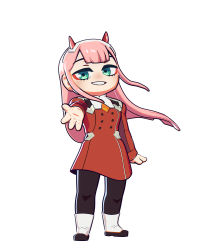 Rule 34 | 1girl, 3d, absurdres, black pants, chibi, darling in the franxx, eyeshadow, green eyes, hairband, head tilt, highres, horns, jacket, long hair, makeup, military, military uniform, necktie, open hands, orange necktie, outstretched arm, pants, pantyhose, red eyeshadow, red jacket, short necktie, smile, solo, theartgun, uniform, white background, white hairband, zero two (darling in the franxx)
