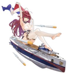 Rule 34 | 1girl, ahoge, arm up, armpits, azur lane, barefoot, bikini, bikini bottom only, breasts, cannon, cross, elbow gloves, fang, feet, flag, floating, french flag, full body, gloves, green eyes, hair ornament, hand up, holding, holding flag, large breasts, leg up, long hair, looking at viewer, machinery, no shoes, official art, open mouth, propeller, red hair, sideboob, sitting, sleeveless, soles, solo, stirrup legwear, surcouf (azur lane), swimsuit, thighhighs, toeless legwear, toes, torpedo, transparent background, turret, white gloves, white thighhighs, yunsang