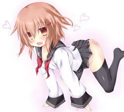 Rule 34 | 10s, 1girl, :d, bad id, bad pixiv id, black thighhighs, brown eyes, brown hair, hair ornament, hairclip, highres, ikazuchi (kancolle), kantai collection, looking at viewer, mo-a-i, no panties, open mouth, pleated skirt, school uniform, serafuku, skirt, smile, solo, thighhighs