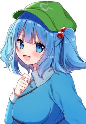 Rule 34 | 1girl, blue eyes, blue hair, blue shirt, blush, breasts, collared shirt, flat cap, green hat, hair bobbles, hair ornament, hat, highres, kawashiro nitori, large breasts, long sleeves, looking at viewer, medium hair, open mouth, shinonome asu, shirt, simple background, smile, solo, touhou, twitter username, two side up, upper body, white background