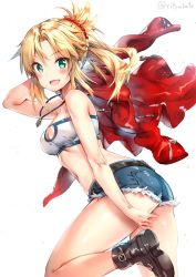Rule 34 | 1girl, bare shoulders, belt, blonde hair, blush, cleavage cutout, clothing cutout, denim, denim shorts, fate/apocrypha, fate (series), green eyes, jacket, mordred (fate), mordred (fate/apocrypha), mordred (memories at trifas) (fate), ponytail, riichu, shorts, solo, white background