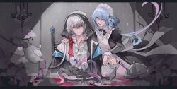 Rule 34 | 2boys, absurdres, alternate costume, apron, arknights, back bow, black coat, black dress, black ribbon, blackte69652249, blood, bow, brooch, chair, closed mouth, coat, collared dress, cup, doctor (arknights), dress, earrings, enmaided, fingernails, grey eyes, grey hair, hand on another&#039;s shoulder, highres, holding, holding knife, hood, hood up, hooded coat, indoors, jewelry, juliet sleeves, knife, letterboxed, long sleeves, looking at another, maid, maid apron, maid headdress, male doctor (arknights), male focus, mizuki (arknights), multiple boys, neck ribbon, open clothes, open coat, pink blood, plate, pouring, puffy sleeves, ribbon, saucer, shirt, short hair, sitting, sleeve cuffs, table, teacup, teapot, tentacles, white apron, white bow, white shirt