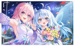 Rule 34 | 2girls, absurdres, ahoge, armpits, bare shoulders, blue eyes, blue hair, blurry, blurry foreground, blush, bouquet, breasts, chinese commentary, chinese text, colored tips, commentary request, confetti, detached sleeves, dress, english text, falling petals, flower, hair between eyes, hair intakes, happy anniversary, highres, holding, holding bouquet, honkai: star rail, honkai (series), lalazyt, light blue hair, looking at viewer, march 7th (honkai: star rail), medium breasts, medium hair, mihoyo, miyouji, multicolored hair, multiple girls, nail polish, official alternate costume, open mouth, petals, pink eyes, pink hair, pink nails, planet, purple nails, selfie, shooting star, sleeves past wrists, smile, teeth, two-tone eyes, upper teeth only, viewfinder, w, white dress