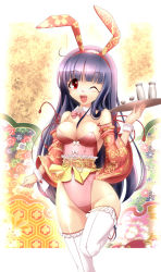 Rule 34 | 1girl, alternate costume, animal ears, bare shoulders, black hair, bottle, bow, bowtie, breasts, cleavage, collar, detached collar, detached sleeves, fake animal ears, floral print, houraisan kaguya, japanese clothes, kimono, leotard, lipstick, long hair, long sleeves, makeup, obi, one eye closed, open mouth, playboy bunny, purple hair, rabbit ears, red eyes, sake bottle, sash, smile, solo, standing, standing on one leg, thighhighs, touhou, tray, very long hair, white background, white thighhighs, wide sleeves, wink, wrist cuffs, yanmarson
