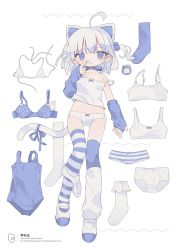 Rule 34 | 1girl, absurdres, ahoge, animal ears, artist name, asymmetrical legwear, bare shoulders, bikini, blue bra, blue eyes, blue one-piece swimsuit, blue ribbon, blue sleeves, blue thighhighs, bra, camisole, cat ears, cat girl, cat tail, choker, collarbone, copyright notice, daizu (melon-lemon), dated, detached sleeves, dress-up, full body, hair bobbles, hair ornament, highres, holding, holding own hair, layered legwear, looking at viewer, medium hair, mismatched legwear, multiple panties, name tag, one-piece swimsuit, one side up, original, panties, panties around leg, parted lips, polka dot, polka dot bra, price tag, ribbon, ribbon choker, school swimsuit, shoes, simple background, sleeves past wrists, socks, solo, striped clothes, striped panties, striped thighhighs, swimsuit, tail, thighhighs, underwear, unworn bikini, unworn bra, unworn panties, unworn socks, unworn swimsuit, uwabaki, white background, white bikini, white camisole, white footwear, white hair, white panties, white socks